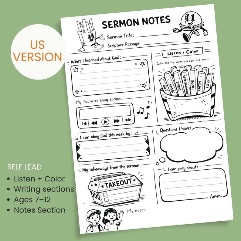 Kids Sermon Notes Worksheet | Fast Food Theme | Printable Church ...