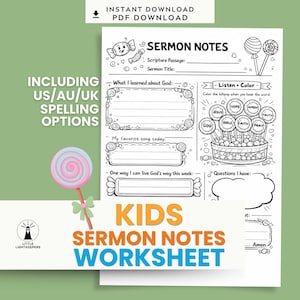 Peut inclure: Une feuille de travail imprimable pour les notes de sermon des enfants avec le texte "SERMON NOTES" et "KIDS SERMON NOTES WORKSHEET". La feuille de travail comprend des sections à remplir et des graphiques de sucettes. L'image comprend également une sucette rose et bleue.
