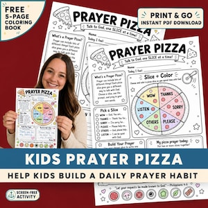 Op de afbeelding: Een printbaar PDF-werkblad getiteld Prayer Pizza met een cirkelvormige pizzagrafiek verdeeld in zes plakjes, gelabeld met aanwijzingen zoals Wow, Thanks, Sorry, Listen, Others en Please, ontworpen om kinderen te helpen bij het bidden.