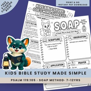 Puede incluir: Una guía imprimible de estudio bíblico para niños con un zorro verde azulado sosteniendo una Biblia y una linterna. La guía incluye secciones para Escritura, Observación, Aplicación y Oración. El texto dice "Kids Bible Study Made Simple" y "Psalm 119:105 SOAP Method 7-12 Yrs."