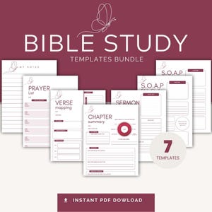 May include: A bundle of Bible study templates with a burgundy background. The words "BIBLE STUDY TEMPLATES BUNDLE" are at the top. The templates include sections for prayer, verse mapping, sermon notes, and chapter summaries. The image also includes the text "INSTANT PDF DOWNLOAD".