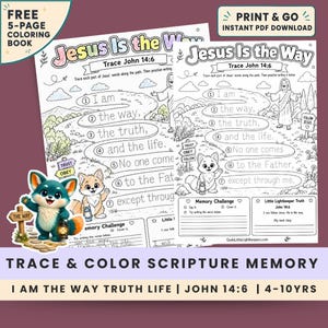 Op de afbeelding: Een printbare kleurplaat getiteld Jesus Is the Way met een pad met genummerde tekst uit Johannes 14:6, een figuur van Jezus, een kleine vos met een lantaarn en secties voor geheugenoefeningen en schrijfopdrachten.