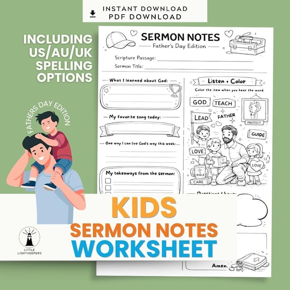 Kids Fathers Day Sermon Notes Worksheet — Christian Church Activity