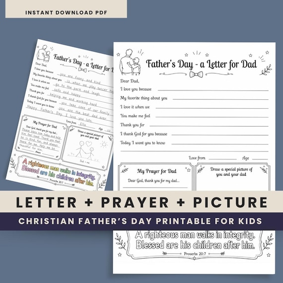 Christian Father's Day Letter, Bible Verse Coloring Page, Kids Prayer Worksheet