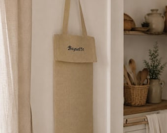 French Linen Baguette Bag with Embroidery, Zero Waste Reusable Bread Bag, Bakery Pouch with Flap and Shoulder Strap