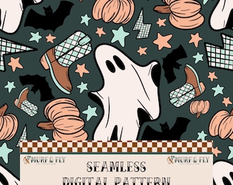 Western Halloween Seamless Pattern, Ghost Cowboy Boots, Pumpkins, Rustic Fall Digital Paper, Digital Download