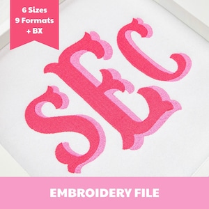 May include: An embroidery file featuring the letters SEC in a layered, hot pink and light pink font. A pink banner at the top displays the text 6 Sizes 9 Formats + BX, while a pink bar at the bottom contains the text EMBROIDERY FILE.