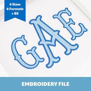 Puede incluir: Un archivo de bordado que presenta las letras del monograma GAF en hilo azul claro con un contorno azul más oscuro. Una pancarta azul en la esquina superior izquierda muestra el texto 6 Sizes 8 Formats + BX, y la pancarta azul inferior dice EMBROIDERY FILE.
