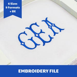 May include: A blue embroidered monogram featuring three stylized letters stitched onto a white fabric surface. A blue banner in the corner displays the text 6 Sizes 9 Formats + BX, and the bottom banner includes the text EMBROIDERY FILE.