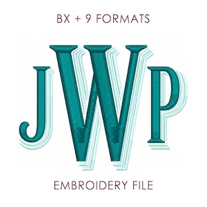 May include: An embroidery file design featuring the letters JWP in a dark teal color with a light blue shadow effect. The text BX + 9 FORMATS appears at the top and EMBROIDERY FILE is written at the bottom in a simple dark red font.
