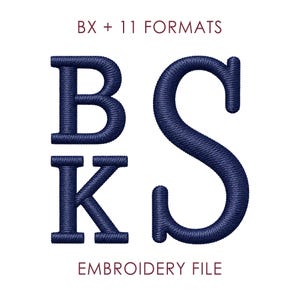 May include: A digital embroidery file design featuring the dark navy blue letters B, K, and S in a classic serif font. The text BX + 11 FORMATS appears at the top, and the text EMBROIDERY FILE is centered at the bottom in a simple font.