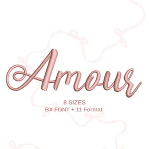 May include: A pink embroidered design featuring the word "Amour" in a cursive font. The image also includes the text "8 SIZES" and "BX FONT + 11 Format" in a smaller font, all set against a white background with faint bow accents.
