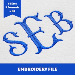 May include: An embroidery file featuring the blue stitched monogram letters SFB in a decorative script font. A blue banner at the top contains the white text 6 Sizes 9 Formats + BX, and a blue banner at the bottom contains the white text EMBROIDERY FILE.