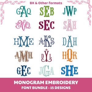 May include: A digital collection of 15 monogram embroidery font designs in various colours and styles, featuring three-letter combinations like GAQ, SEB, JWP, EVQ, SEC, SAH, HME, AKS, DAH, AMH, DYL, HQR, GEC, JGA, and SHE, with the text BX & Other formats.