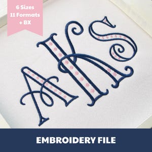 Broderitypsnitt Dottie Swirl Monogram, klassiskt prickigt alfabet, 2-färgade kursiva bokstäver, 6 storlekar, BX + 11 format (direkt nedladdning)