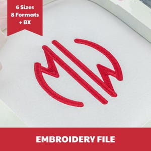 May include: A red embroidered monogram featuring the letters M and W stitched onto a white fabric background. A red banner in the upper left corner displays the text 6 Sizes 8 Formats + BX, and the bottom red banner displays EMBROIDERY FILE.