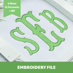 May include: An embroidery file featuring a bright green monogram with the letters S, F, and B stitched onto white fabric. A green banner in the corner displays the text 6 Sizes 11 Formats + BX, and the bottom banner reads EMBROIDERY FILE.