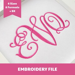 May include: A hot pink embroidered monogram featuring the letters E, V, and A in a cursive script on a white fabric background. A pink banner in the top left corner displays the text 6 Sizes 8 Formats + BX, and the bottom text reads EMBROIDERY FILE.