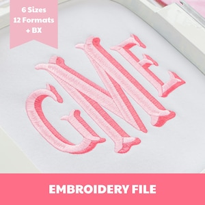 May include: An embroidery file featuring the monogram letters GME stitched in light and dark pink thread on white fabric. A pink banner in the upper left corner displays the text 6 Sizes 12 Formats + BX, and the bottom banner reads EMBROIDERY FILE.