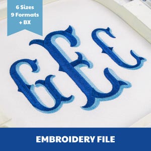 May include: An embroidery file featuring the letters GFE in a decorative blue and light blue font stitched onto white fabric. A blue banner in the top left corner displays the text 6 Sizes 9 Formats + BX, and the bottom blue bar reads EMBROIDERY FILE.