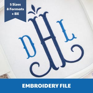 May include: An embroidery file featuring a monogram with the letters D, H, and L stitched in shades of blue on white fabric. The design includes a decorative flourish at the top. Text in the corner reads 5 Sizes 8 Formats + BX.
