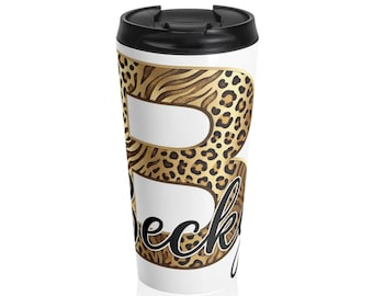 Taza de viaje con monograma de leopardo / Vaso con inicial de estampado animal