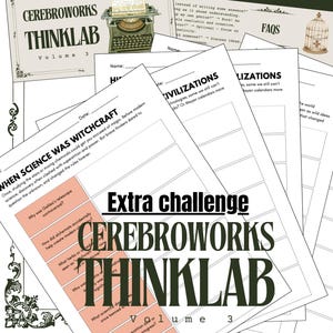 May include: A collection of educational worksheets and instructions for a "Thinklab" volume 3. The worksheets feature text and illustrations, including a vintage typewriter and a cage. The theme is science and history.