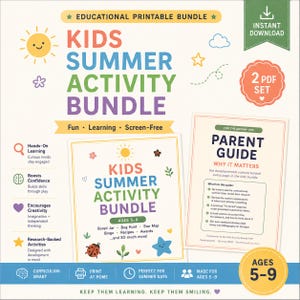 May include: A colorful printable activity bundle for kids aged 5-9, featuring the text "KIDS SUMMER ACTIVITY BUNDLE." Includes a parent guide and various activities like Bored Jar and Bug Hunt. The bundle is designed for fun, learning, and screen-free enjoyment.