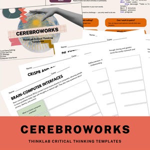 May include: A collection of educational templates from Cerebroworks, focusing on topics like CRISPR and Brain-Computer Interfaces. The design features a globe graphic, with text and forms for critical thinking exercises. The color scheme includes orange, purple, and white.