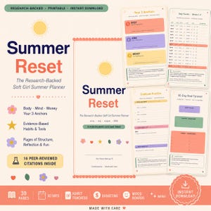 Pode incluir: Um planejador digital intitulado "Summer Reset" com um tema soft girl. O planejador inclui seções para corpo, mente e dinheiro, rastreadores de hábitos e painéis de humor. O design é principalmente pêssego e branco com detalhes coloridos.