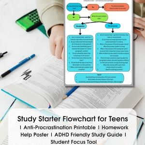 May include: A study guide for teens, featuring a flowchart with a 60-second study plan. The guide includes steps to take when distracted, and a section on how to write a paragraph. The image also includes the text: Study Starter Flowchart for Teens.