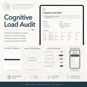 May include: A digital graphic titled "Cognitive Load Audit" with the Cerebroworks logo. The image features a Notion template, worksheets, and a phone quick-check, designed to assess and reduce mental overload. The design is neuroscience-based.