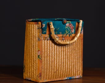 Bolso de bambú hecho a mano: Bolso de satén tejido con asas de bambú / Romance retro oriental / Regalo elegante