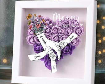 Caja de sombras con forma de corazón de rosa personalizada con nombres, caja de sombras con nombre personalizado, regalo para el Día de la Madre para mamá, abuela, cumpleaños de Nana