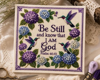 Kit de punto de cruz de colibrí y hortensia, Salmo 46:10 «Estad quietos y sabed que yo soy Dios», bordado con hilo de lana, punto de cruz floral DIY