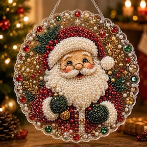 May include: A circular hanging ornament featuring a beaded Santa Claus design. The image is crafted with red, white, and green beads, accented by gold and clear crystals. Santa wears a red hat and coat with a white beard and trim.