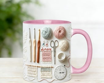 Taza personalizada con detalles de crochet, taza de cerámica con accesorios de crochet de 325 ml, taza de café con hilo, regalo de costura para mamá y amantes de la costura.