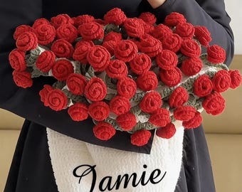 Manta de ganchillo personalizada con ramo de rosas, manta tejida con nombre bordado personalizado, manta de algodón, regalo para ella, regalos para el Día de la Madre