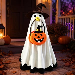 May include: A white ghost decoration with a black pointed hat and a black hem. The ghost features two black circular eyes and a yellow beak. It holds an orange plastic pumpkin bucket with a black handle and a small black witch hat on top.