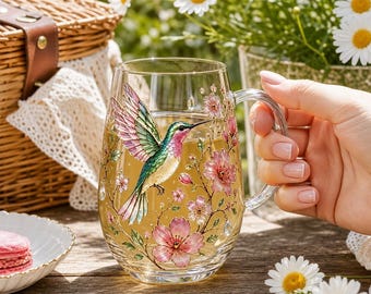 Taza de té de cristal pintada a mano con colibrí y motivos florales, taza de cristal con colibrí en relieve para mujeres, amantes de la jardinería floral, decoración de animales del bosque.