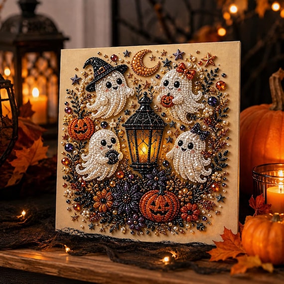 Halloween Ghost Pearl Art DIY Kit, Spooky Cute 3D Diamond Art Painting Crafts for Adults, DIY Fall Home Decor Wall Arts