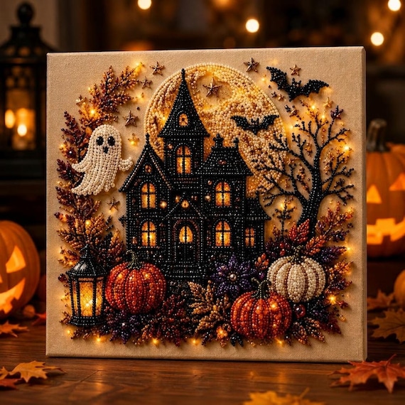 Halloween Ghost Pearl Art DIY Kit, Spooky Cute 3D Diamond Art Painting Crafts for Adults, DIY Fall Home Decor Wall Arts