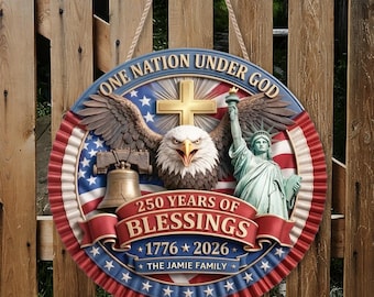 Letrero de madera personalizado para el 250 aniversario (1776-2026), letrero para puerta con águila patriótica y apellido familiar, decoración para el 4 de julio.
