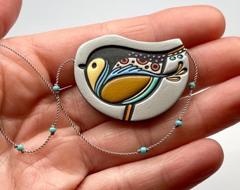 Bird Necklace, Bird Pendant, Golden Finch Pendant, Hand-painted Porcelain Jewelry