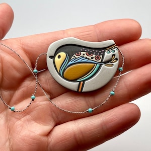 Bird Necklace, Bird Pendant, Golden Finch Pendant, Hand-painted Porcelain Jewelry