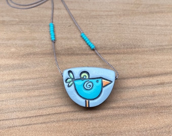 Blue Bird Necklace, Bird Pendant, Hand-Painted Porcelain Jewelry, Small Bird Necklace