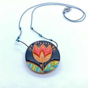 Tulip Pendant, Hand-painted Porcelain Necklace, Folk Art Inspired Ceramic Jewelry