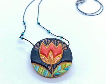 Tulip Pendant, Hand-painted Porcelain Necklace, Folk Art Inspired Ceramic Jewelry