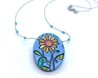 Sunflower Necklace, Hand-Painted Porcelain Pendant, Ceramic Necklace