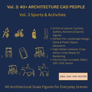 May include: A digital collection titled Vol. 3: 40+ ARCHITECTURE CAD PEOPLE, Vol. 3 Sports & Activities. It features gold line-art illustrations of cyclists, golfers, runners, and golf carts on a dark blue background with text detailing file formats.